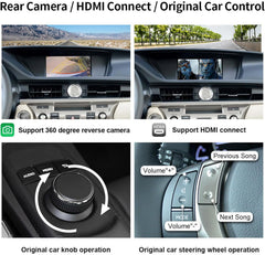Car dashboard with various controls and displays, including a rear camera, HDMI connect, and steering wheel control.
