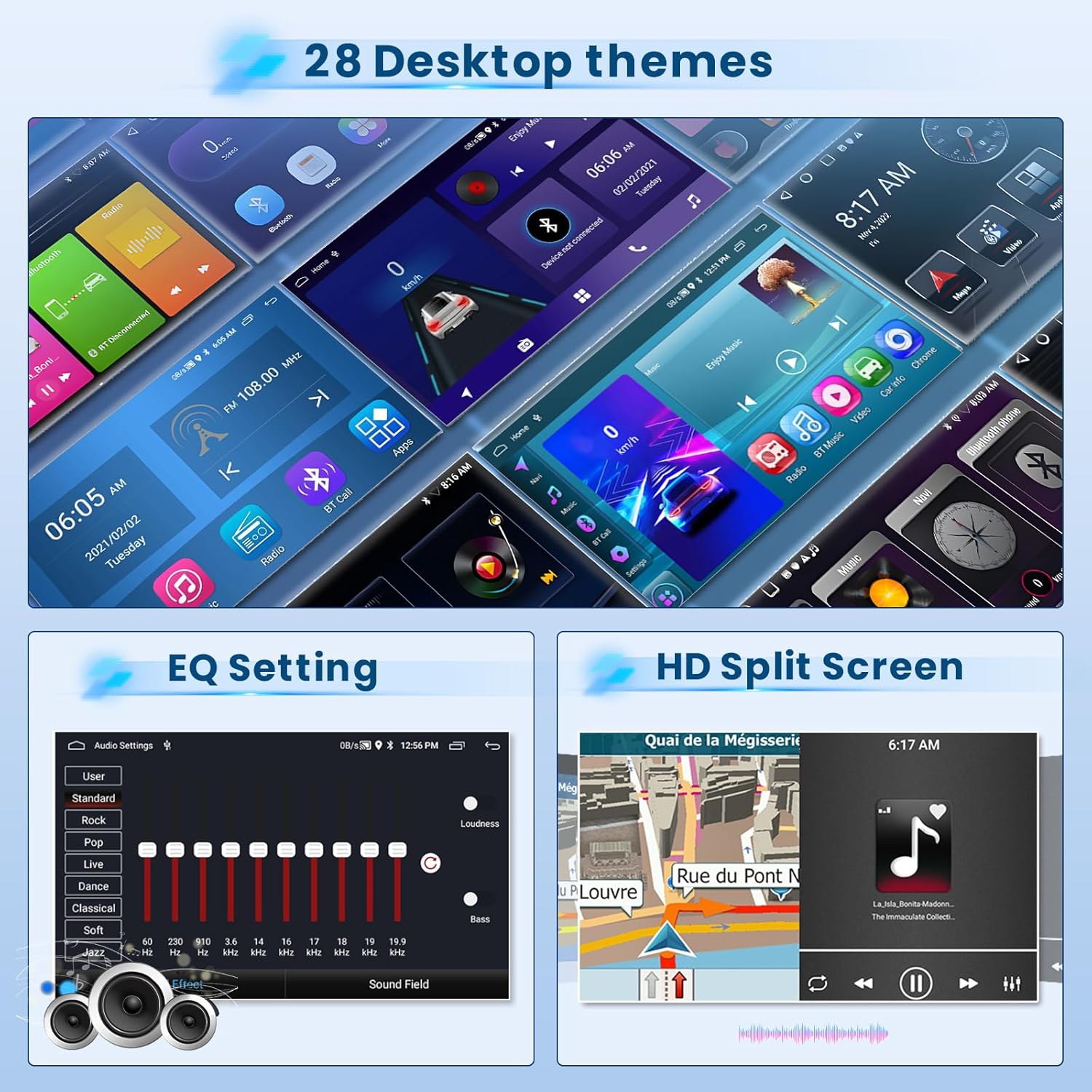 Collage of desktop themes with EQ settings and HD split screen features on a blue background.