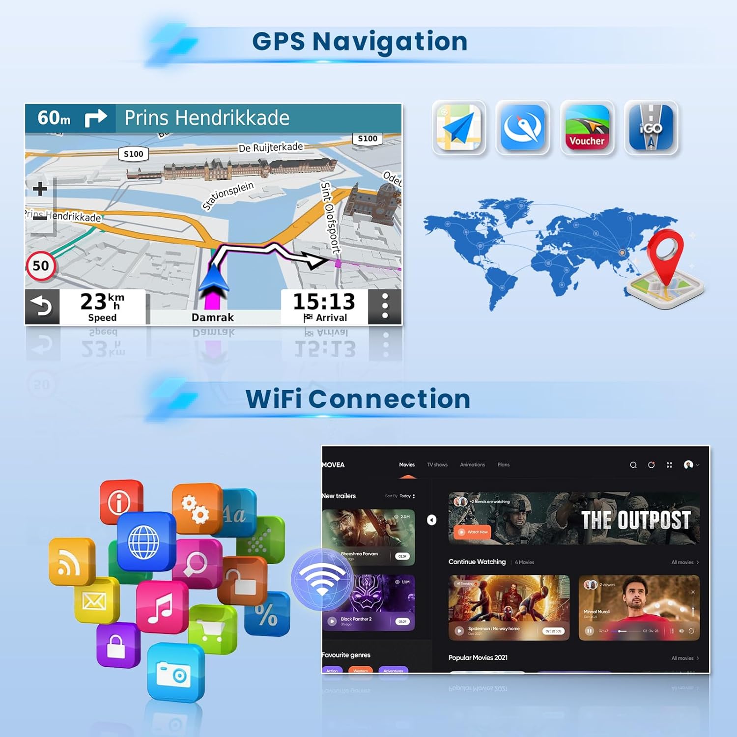 GPS navigation system with map and world map, Wi-Fi connection icon, and streaming app interface on a blue background.