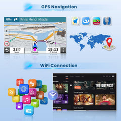 GPS navigation system with map and world map, Wi-Fi connection icon, and streaming app interface on a blue background.