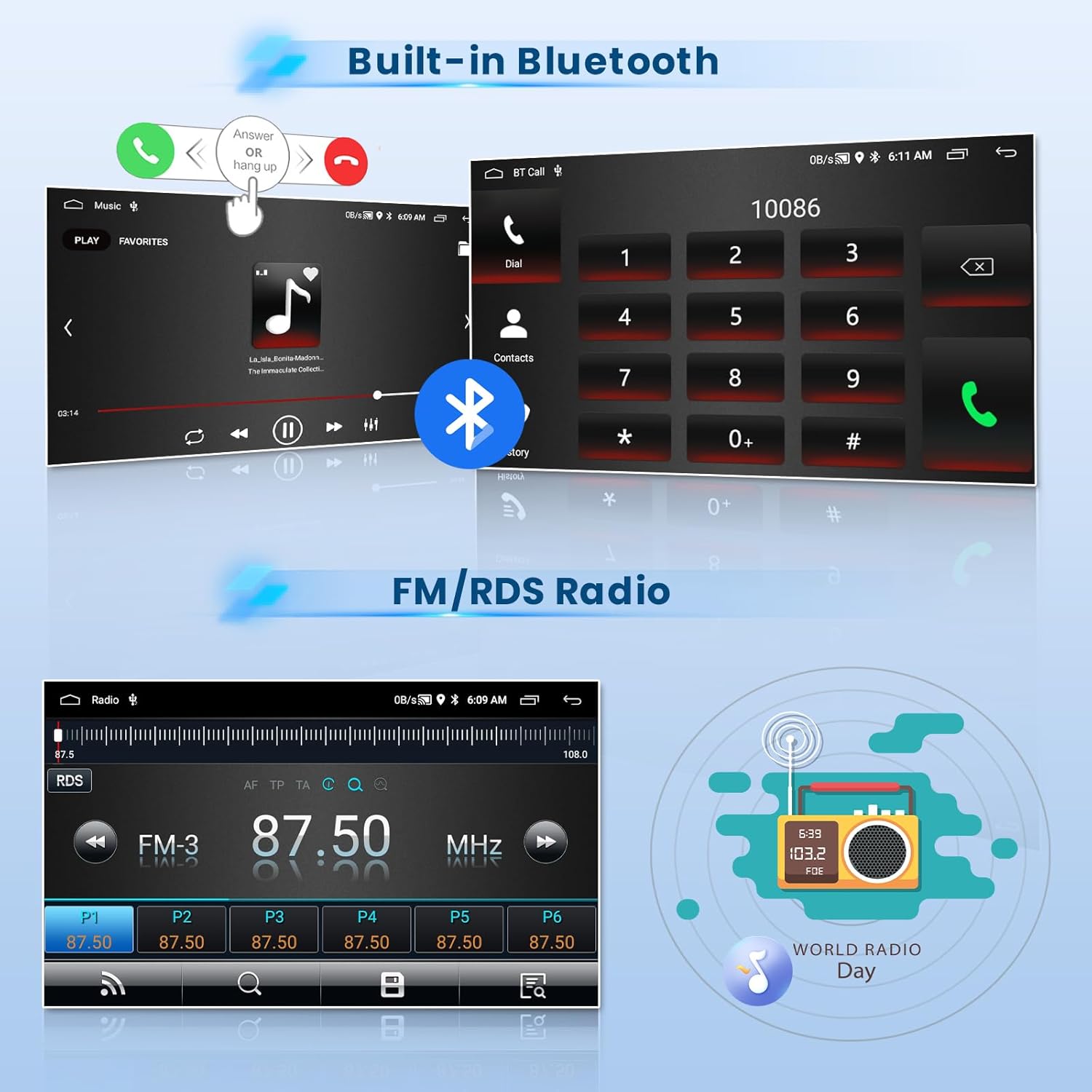 Car stereo system with Bluetooth and FM/RDS radio features on a blue background