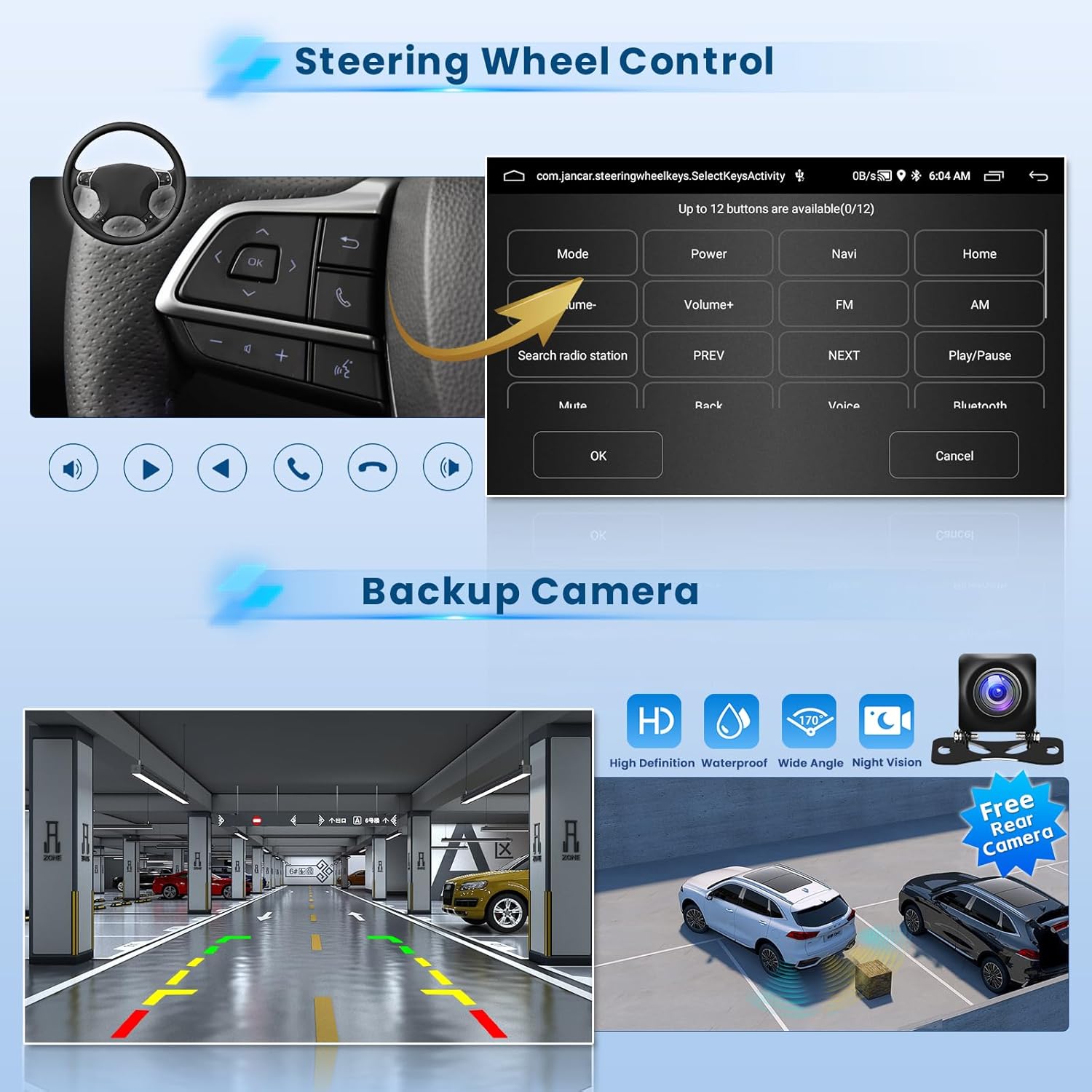 Car dashboard with steering wheel control and backup camera display.