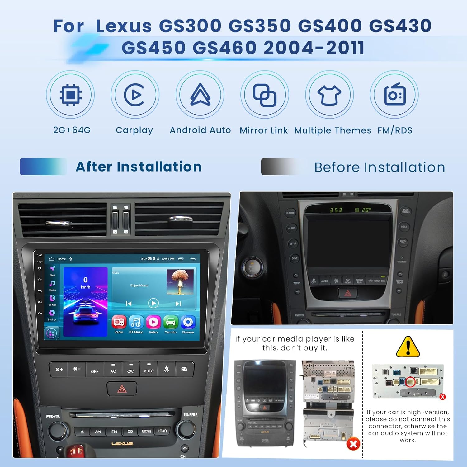 Car stereo system installation guide for Lexus models with before and after images.