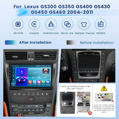 Car stereo system installation guide for Lexus models with before and after images.