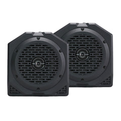 Two black speakers on a white background