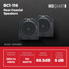MB Quart BC1-116 rear coaxial speakers with specifications on a dark background