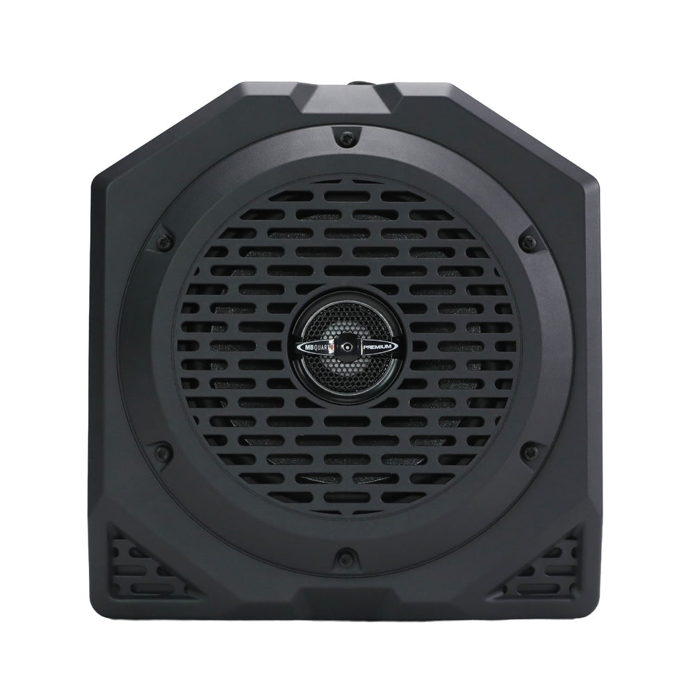 Black subwoofer with visible brand logo on a white background