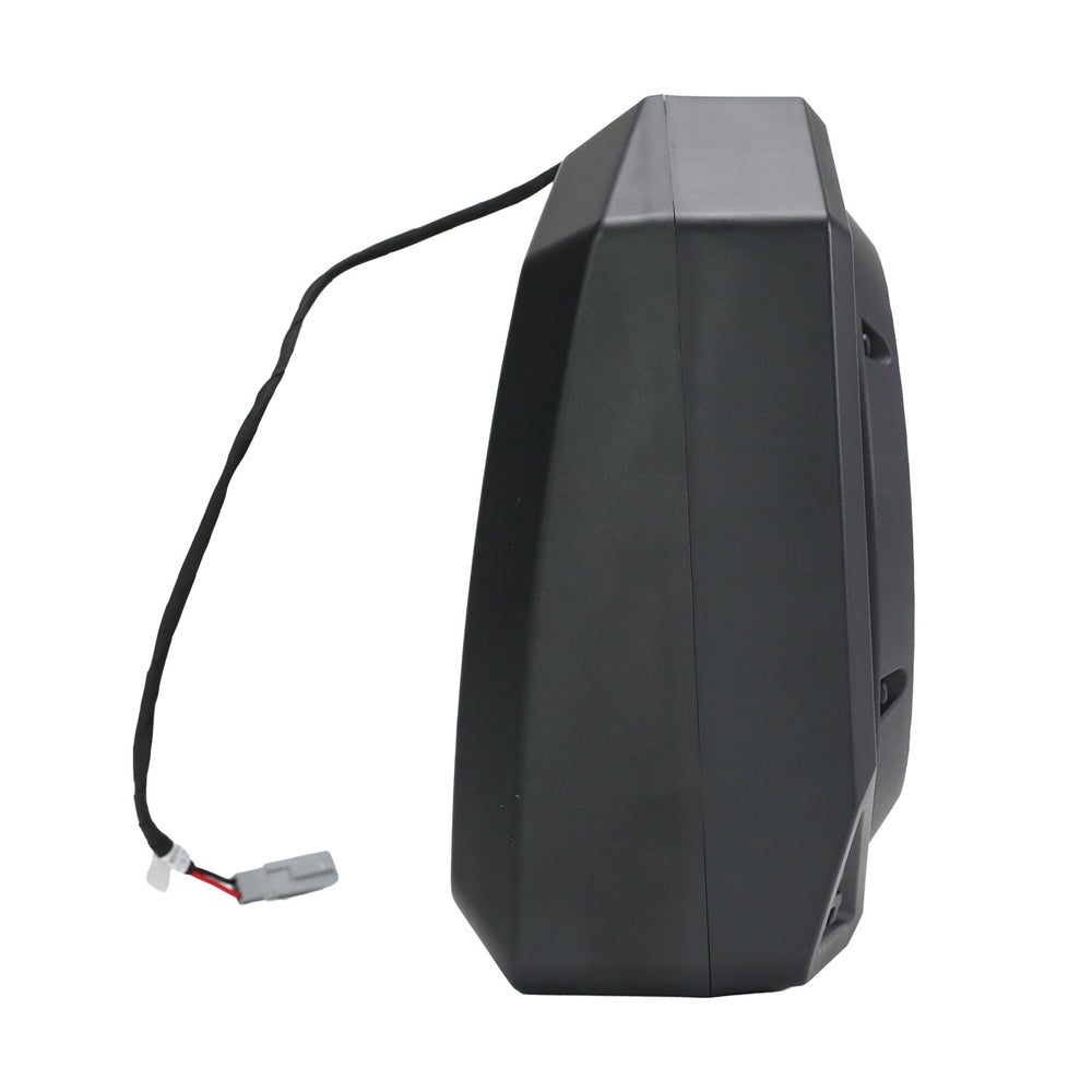 Black battery pack with a cable on a white background