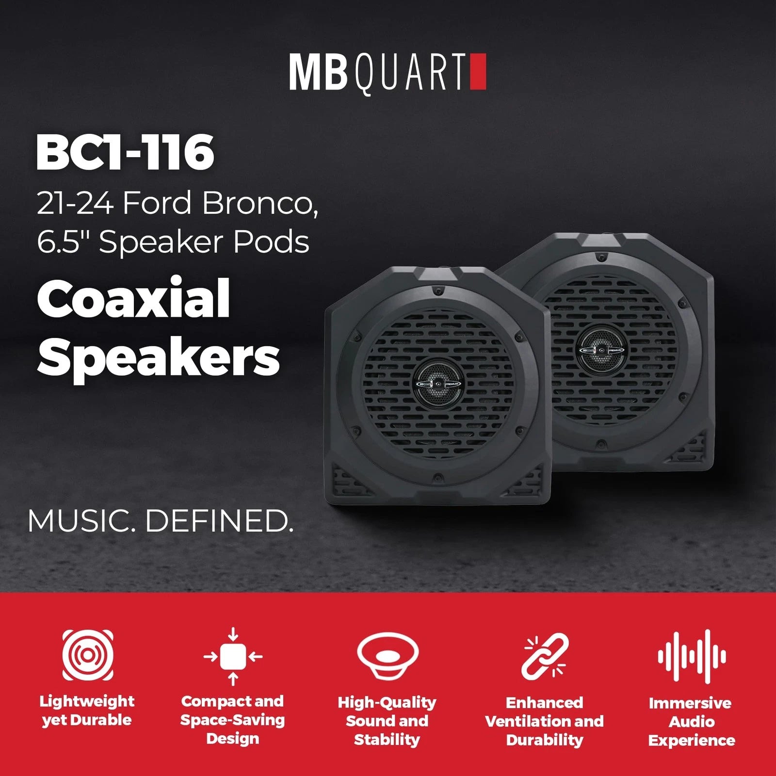 MB Quart coaxial speakers with product details on a dark background