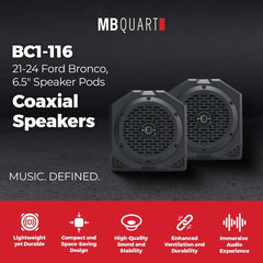 MB Quart coaxial speakers with product details on a dark background