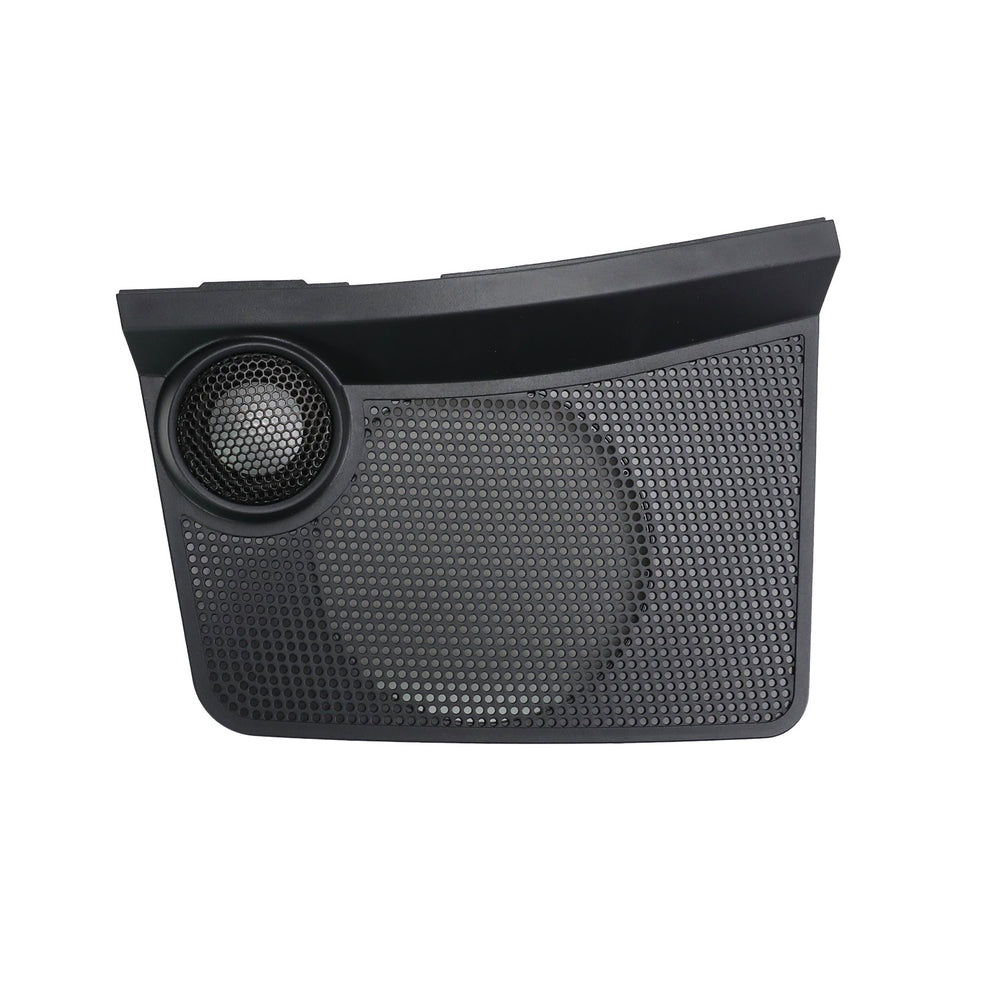 Black car interior panel with mesh design and circular speaker on a white background