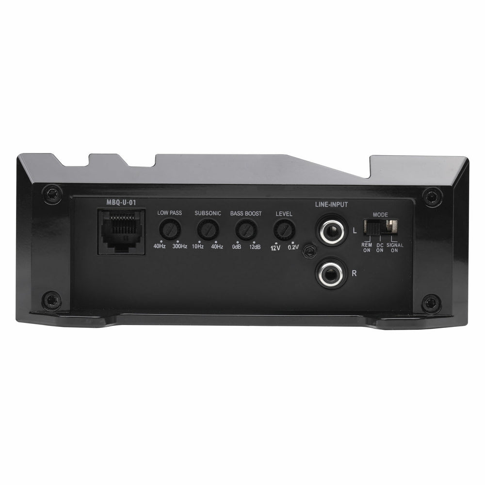 Back view of an audio amplifier with control knobs and ports on a white background