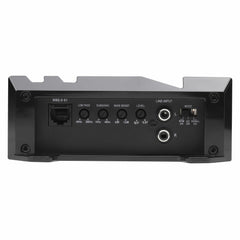 Back view of an audio amplifier with control knobs and ports on a white background