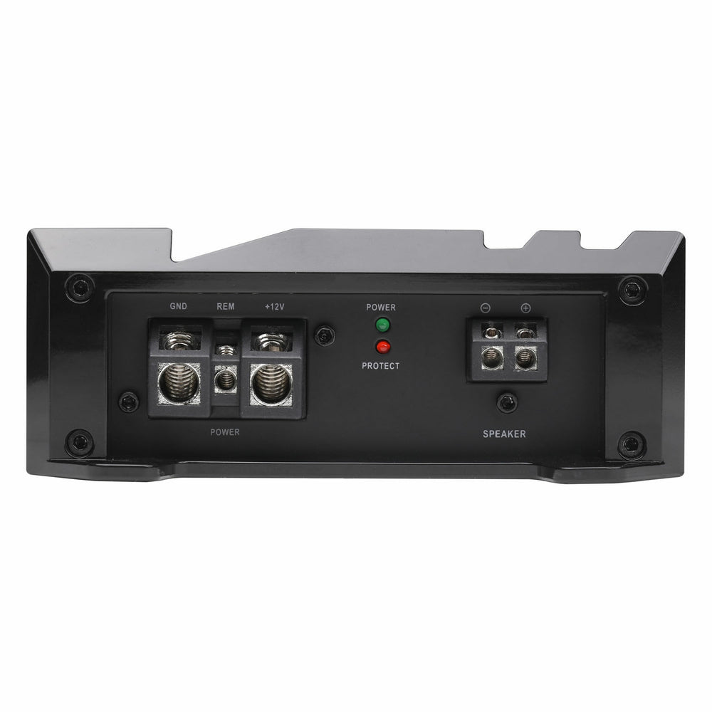 Back view of a black electronic device with connectors and indicators on a white background