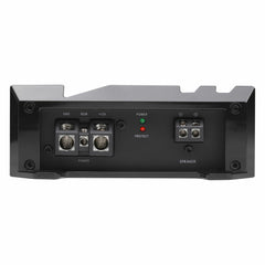 Back view of a black electronic device with connectors and indicators on a white background