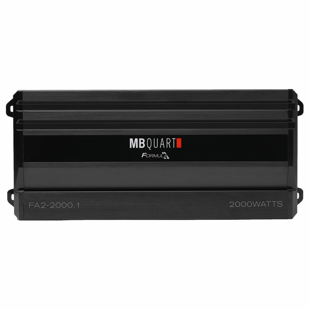 Black MB Quart amplifier on a white background