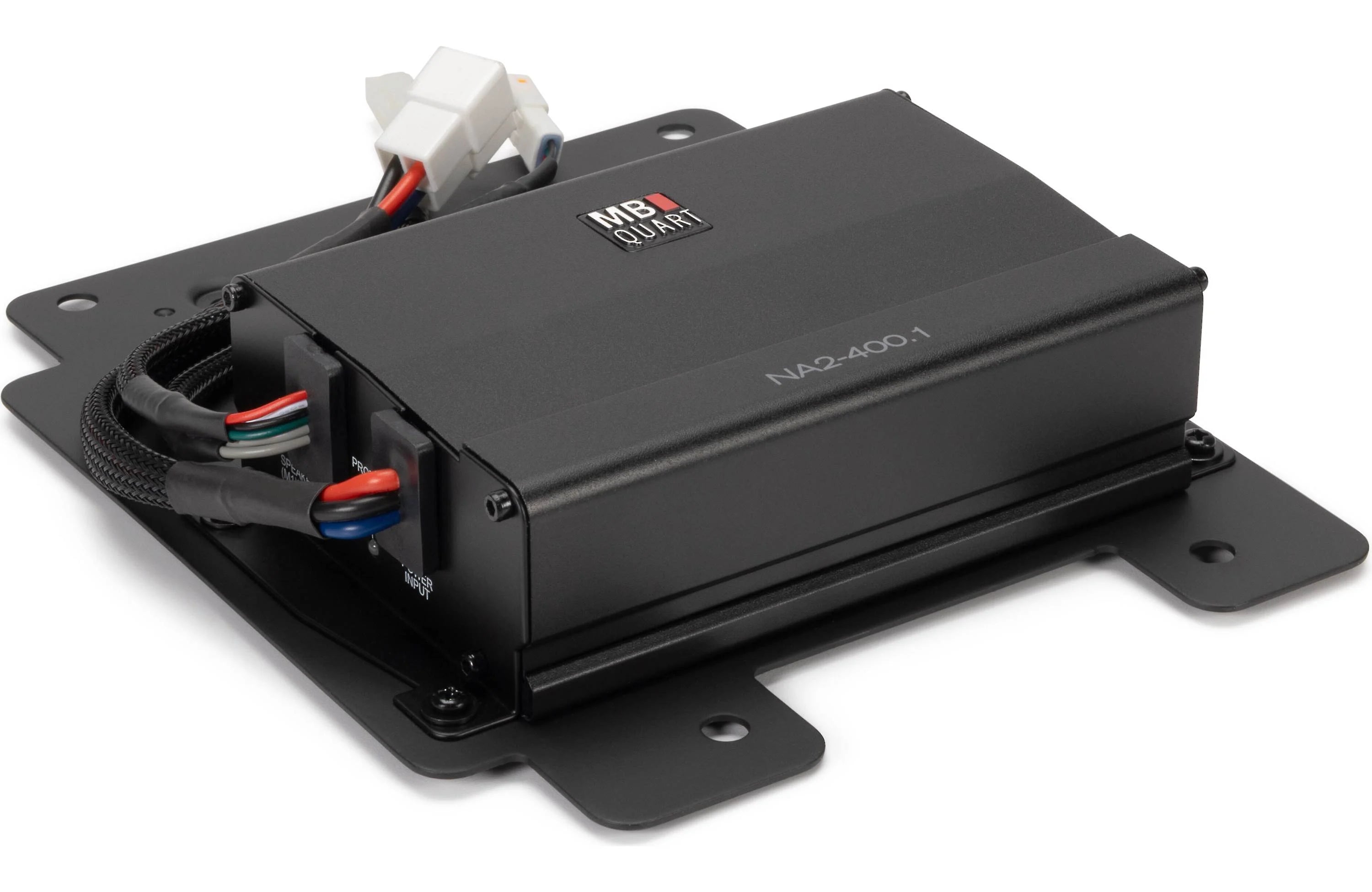 Black amplifier with wiring on a white background