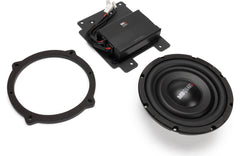 Car audio components, including a subwoofer and amplifier, on a white background