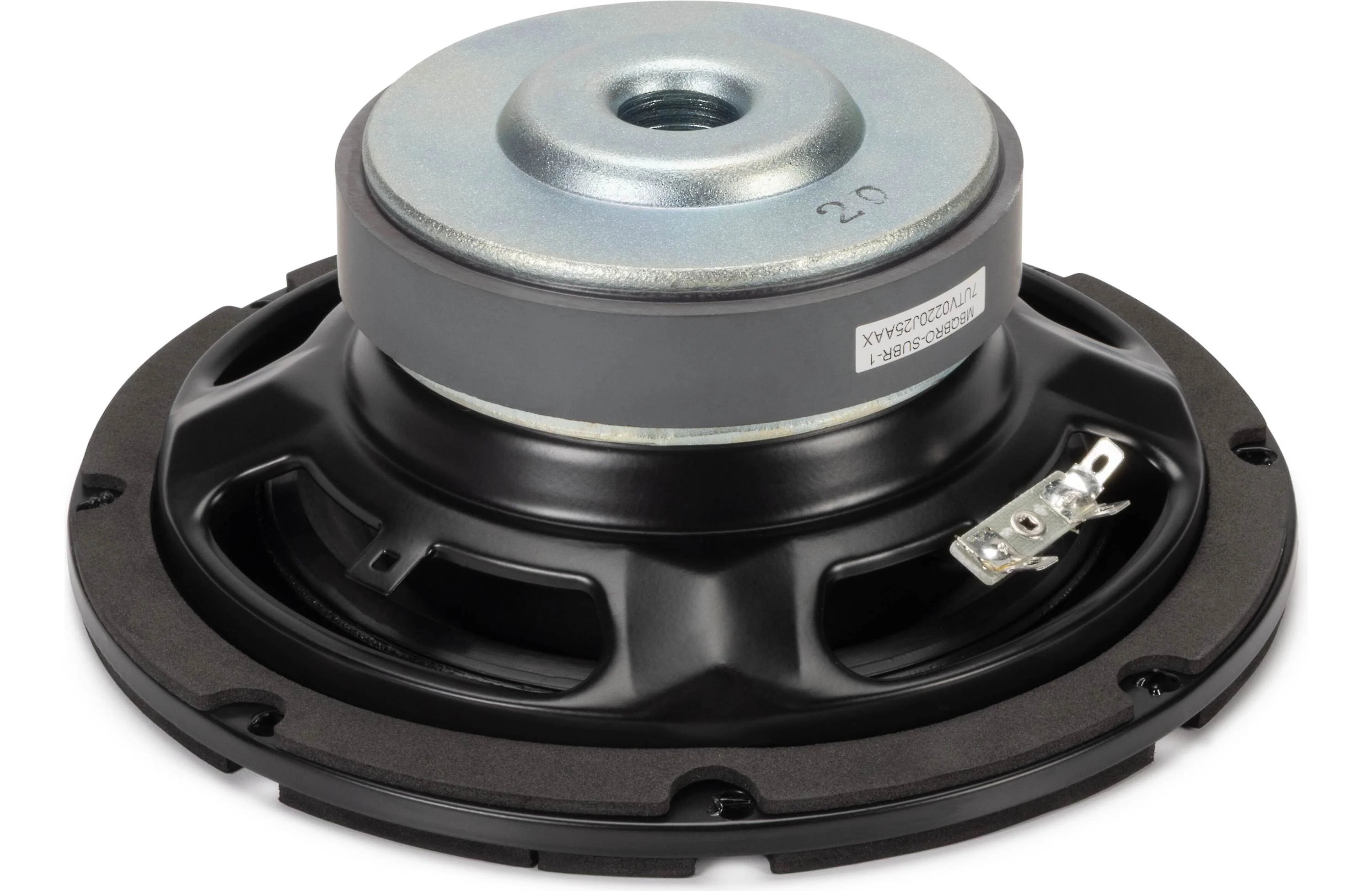 Speaker driver with black surround and metal spider on a white background