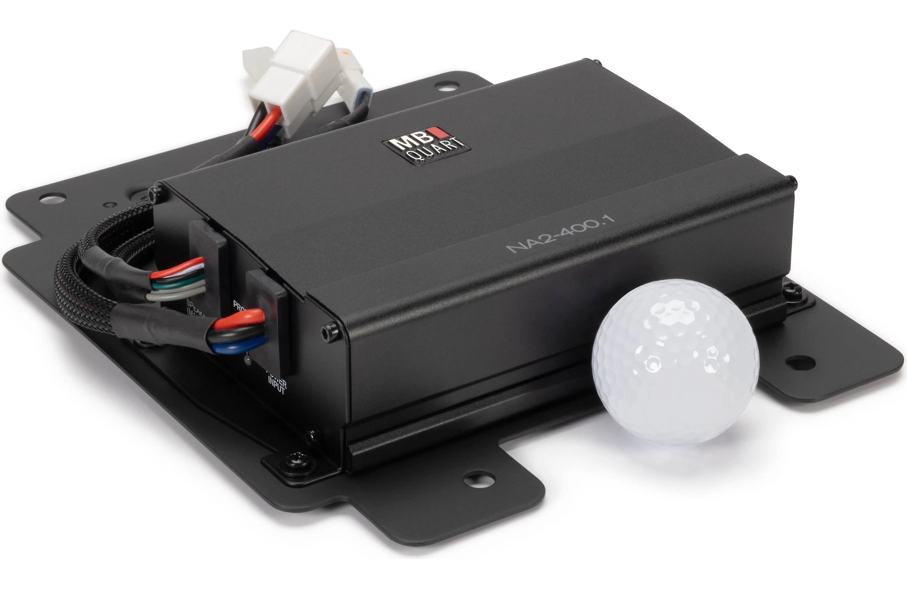 Black electronic module with wiring and a white light bulb on a white background