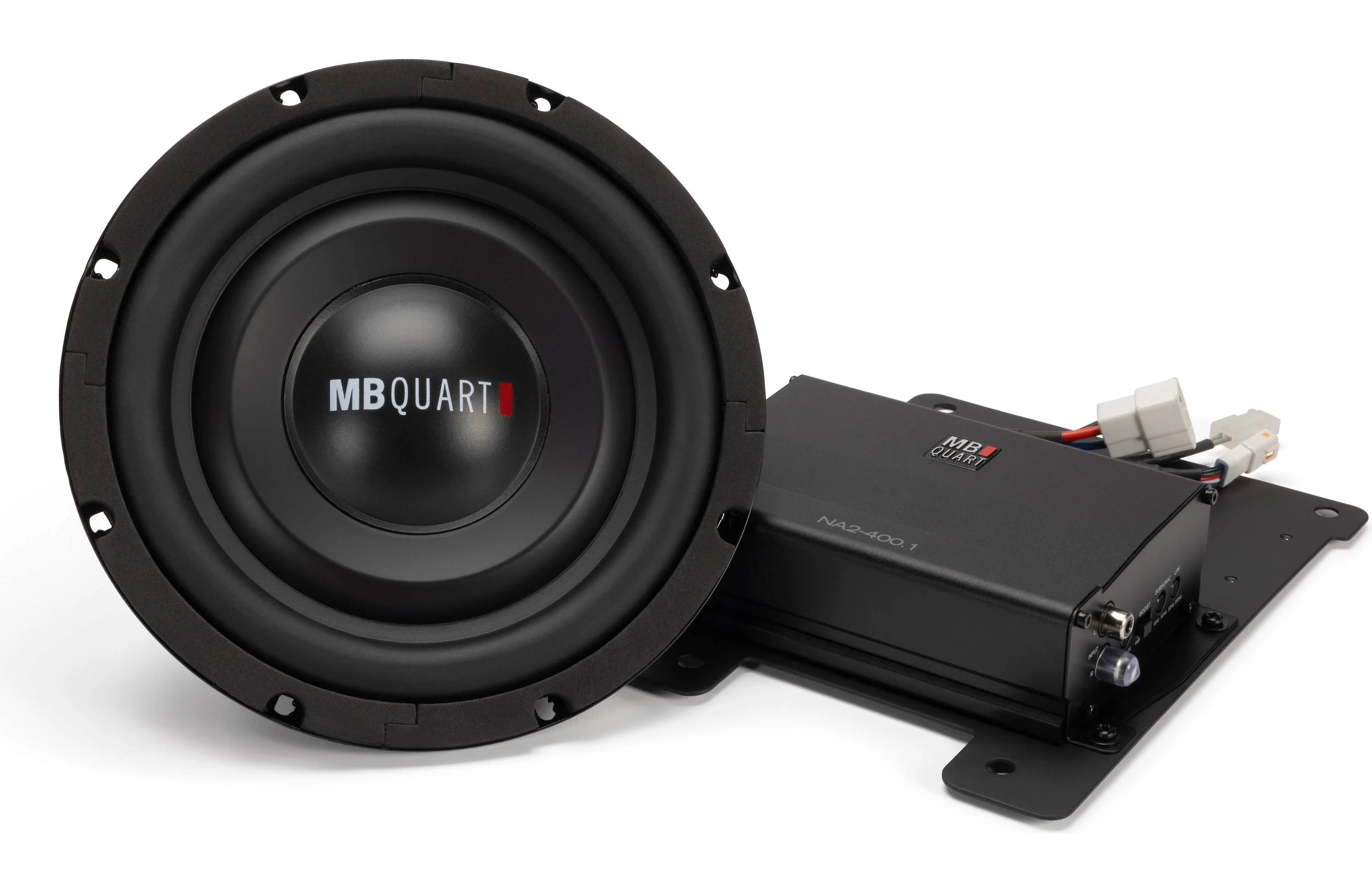 MB Quart car subwoofer and amplifier on a white background