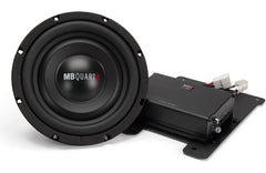 MB Quart car subwoofer and amplifier on a white background