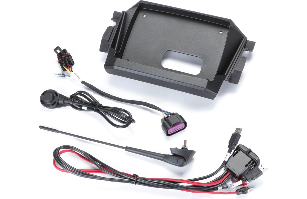 Car stereo installation kit with wiring harnesses on a white background