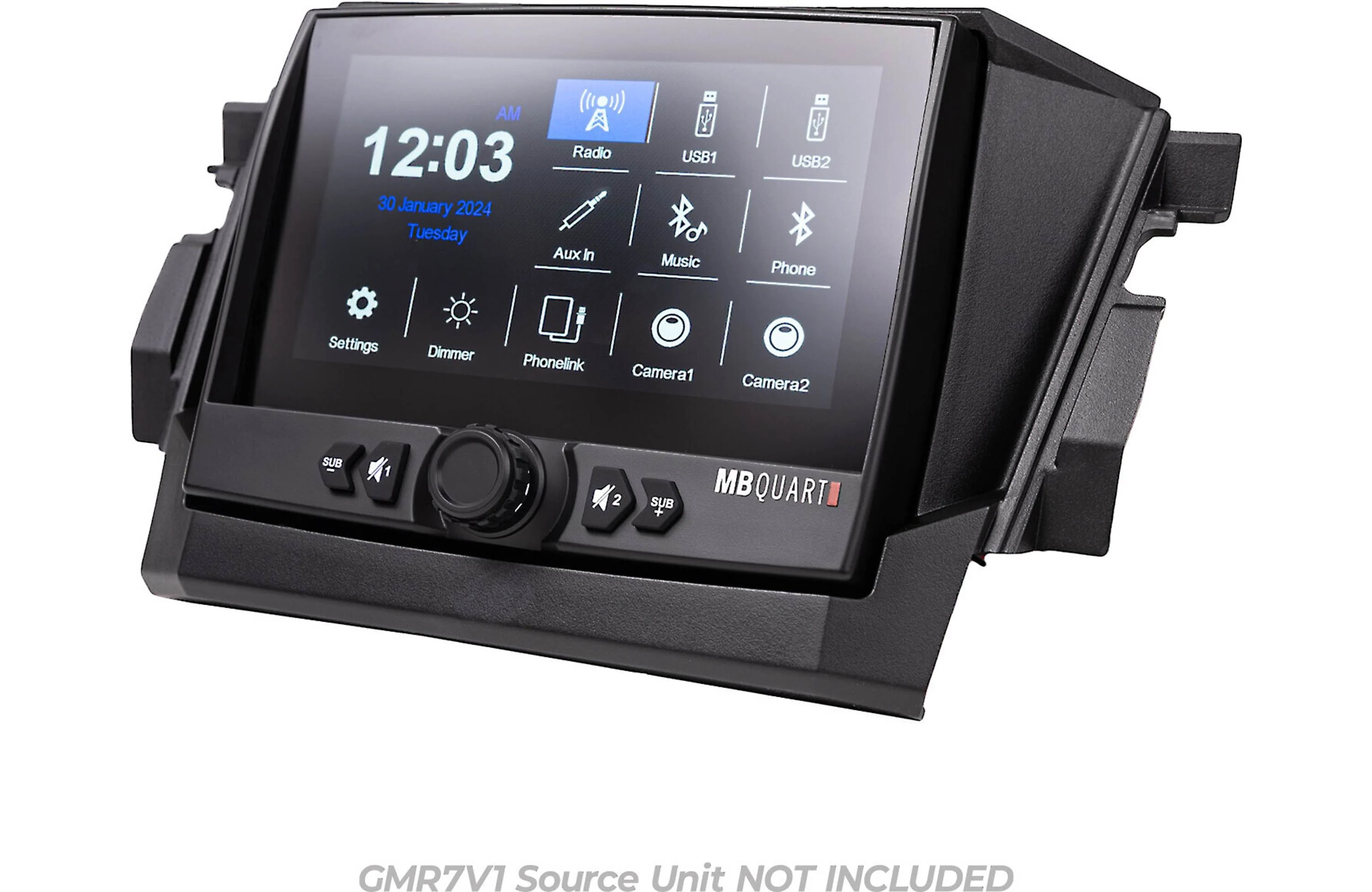 Car stereo system with digital display and control buttons on a white background