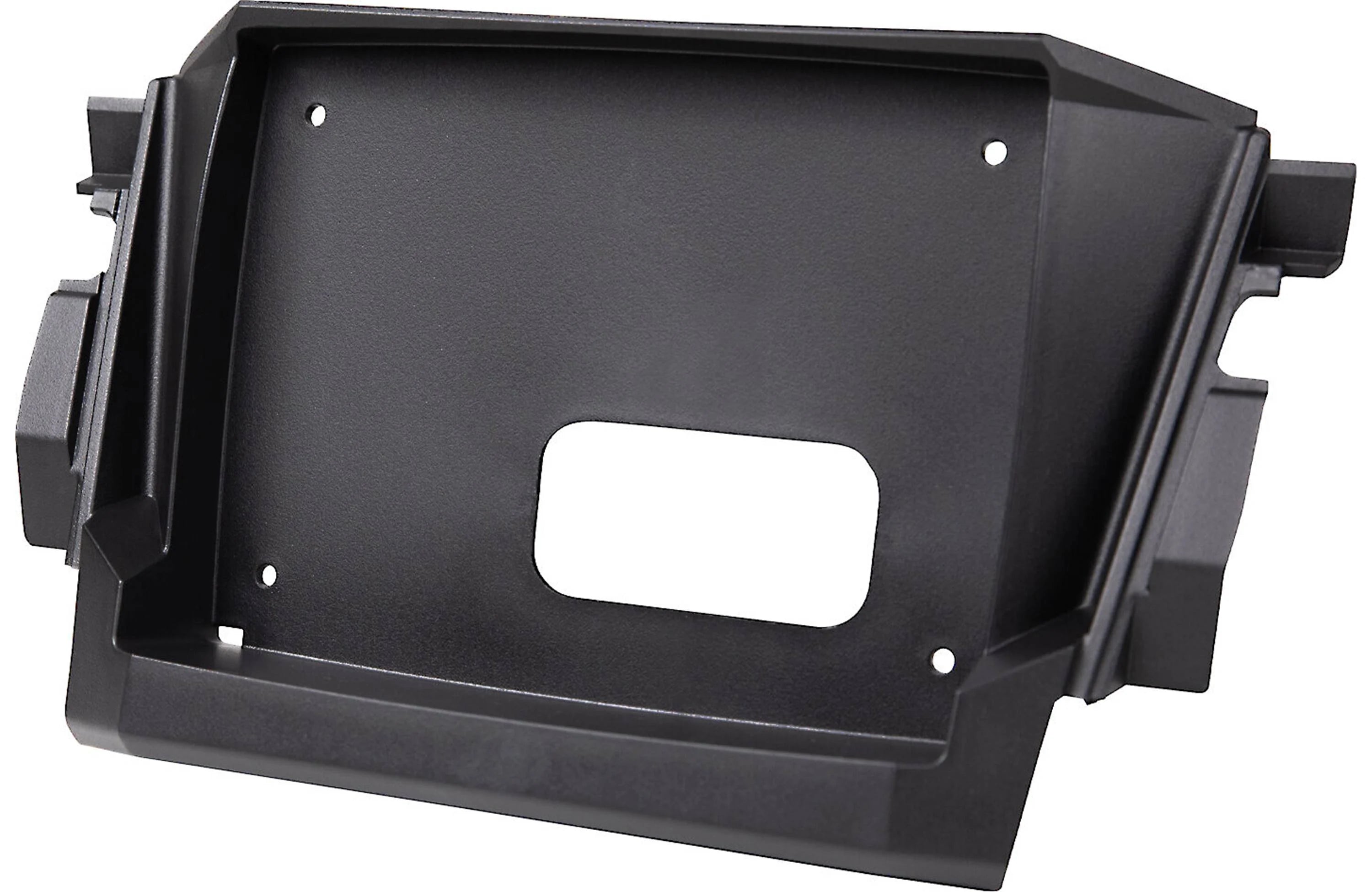 Black plastic bracket or component on a white background