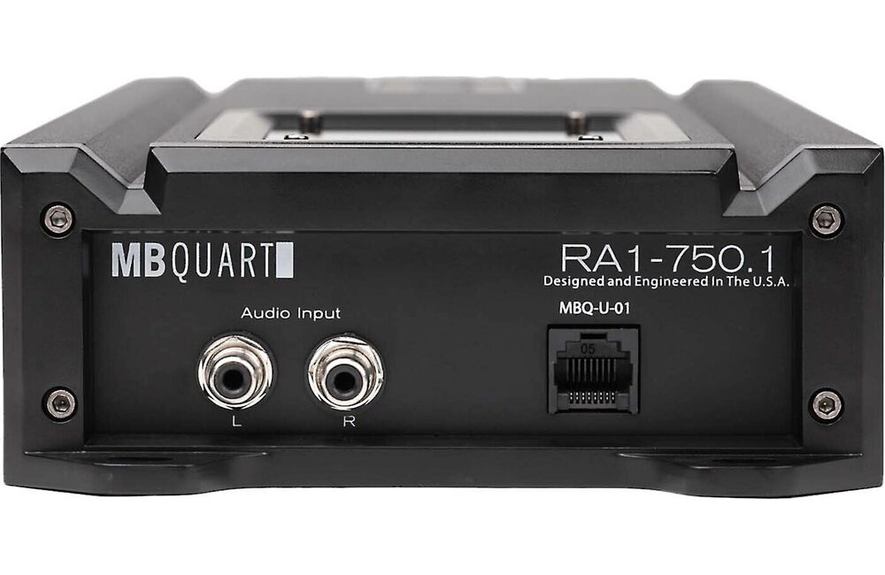 MBQUART RA1-750.1 audio input device in black metal, featuring two silver audio jacks labeled L and R and an RJ45 Ethernet port on the front panel.