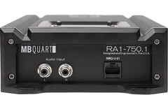 MBQUART RA1-750.1 audio input device in black metal, featuring two silver audio jacks labeled L and R and an RJ45 Ethernet port on the front panel.