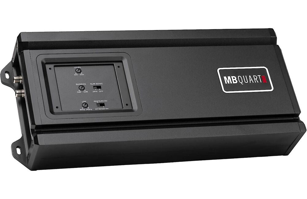 An MB Quart black metal electronic device, likely an amplifier or power supply, shown at an angle on a white background.