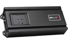 An MB Quart black metal electronic device, likely an amplifier or power supply, shown at an angle on a white background.