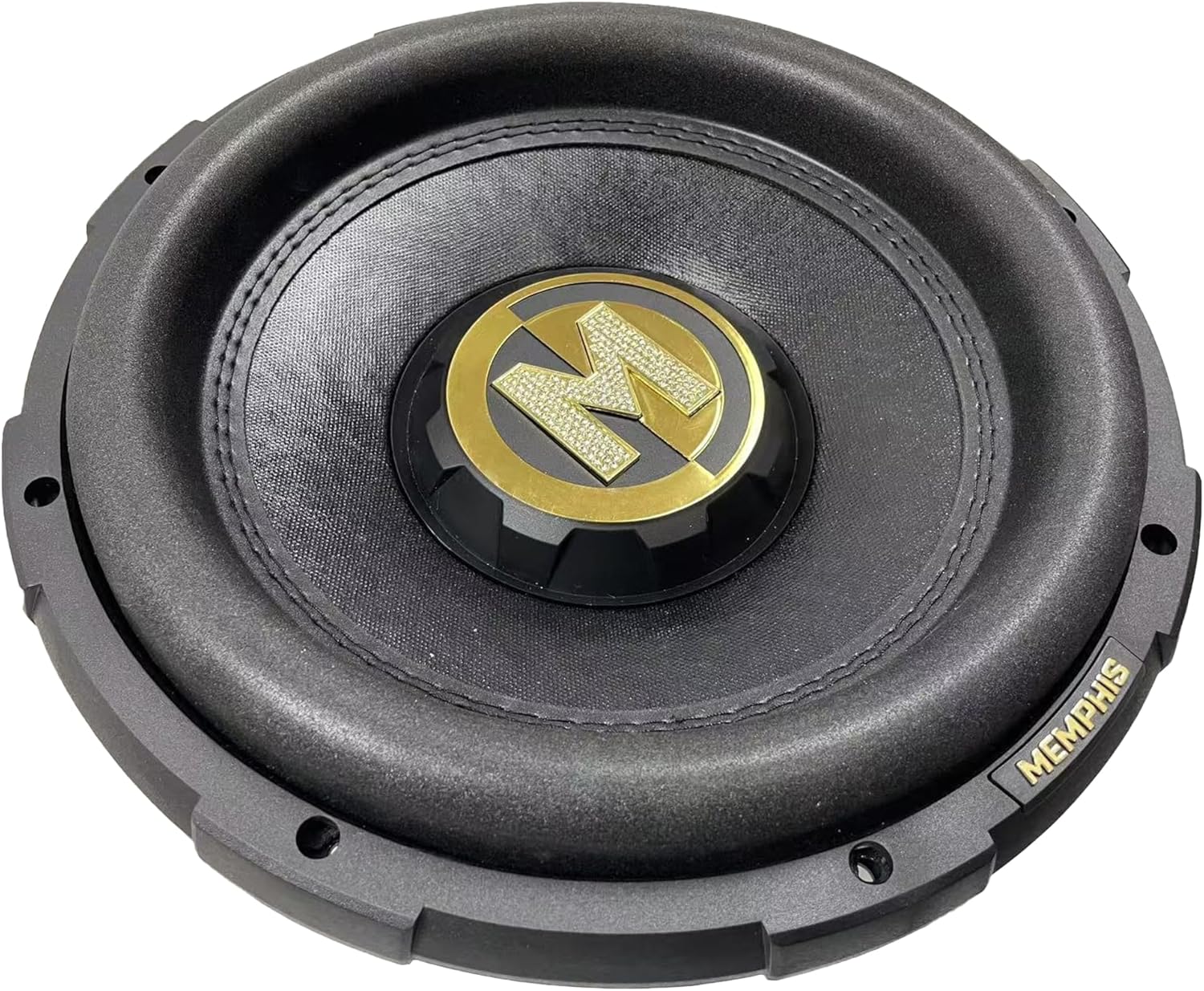 Car subwoofer with a gold logo and 'Memphis' branding on a white background