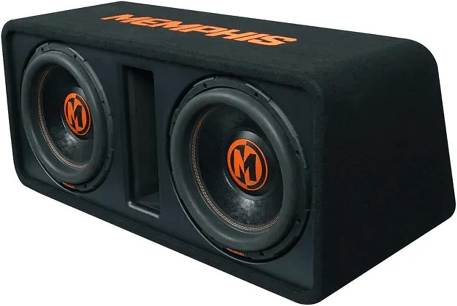 A Memphis car subwoofer enclosure in black with orange branding and two large subwoofers, shown on a plain white background.