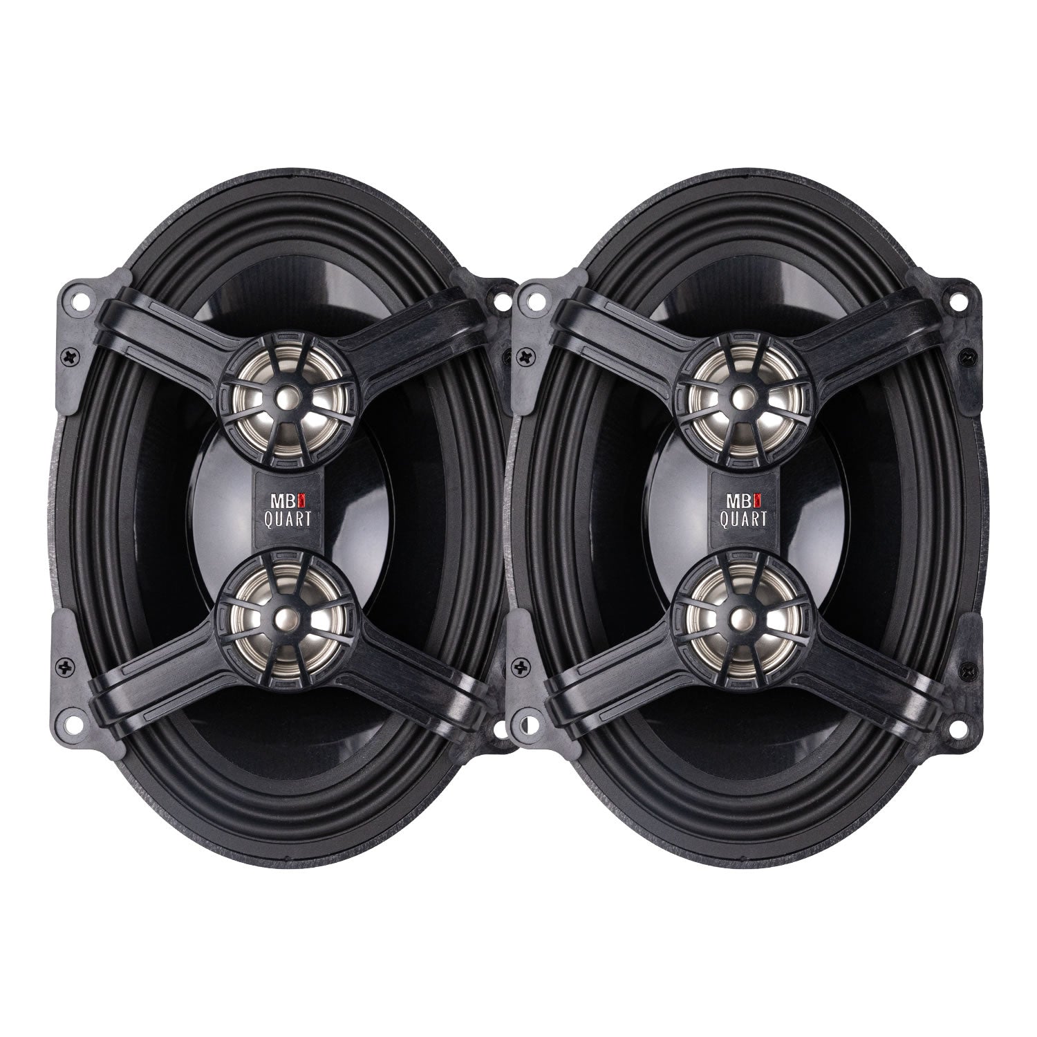 Pair of motorcycle speakers with 'Mb Quart' branding on a white background