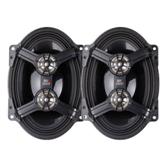 Pair of motorcycle speakers with 'Mb Quart' branding on a white background