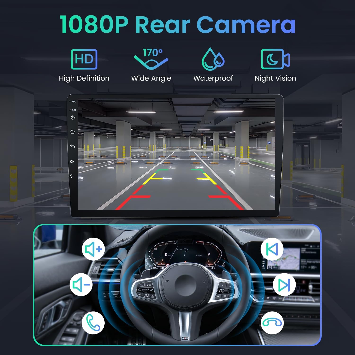 Car dashboard with 1080P rear camera system displaying parking assistance features.