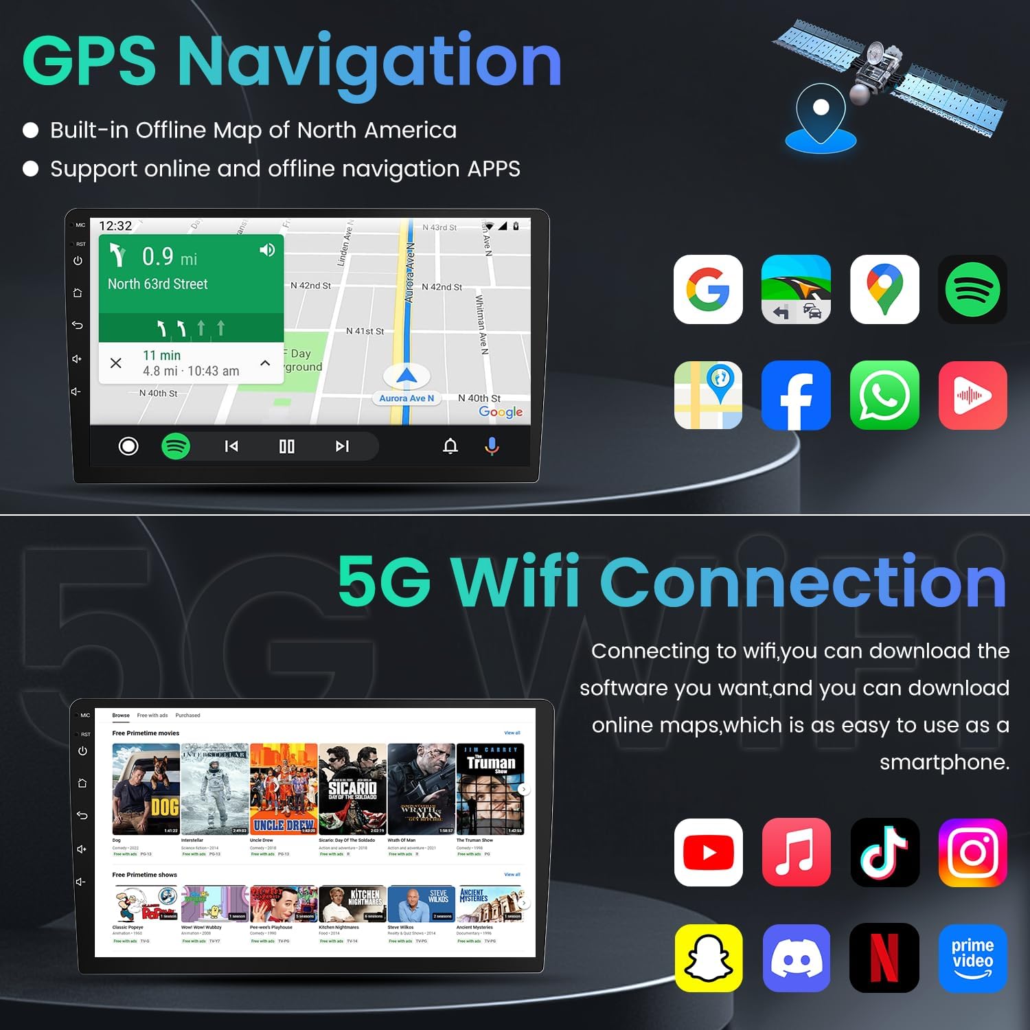 GPS navigation system with 5G Wi-Fi connection features on a dark background