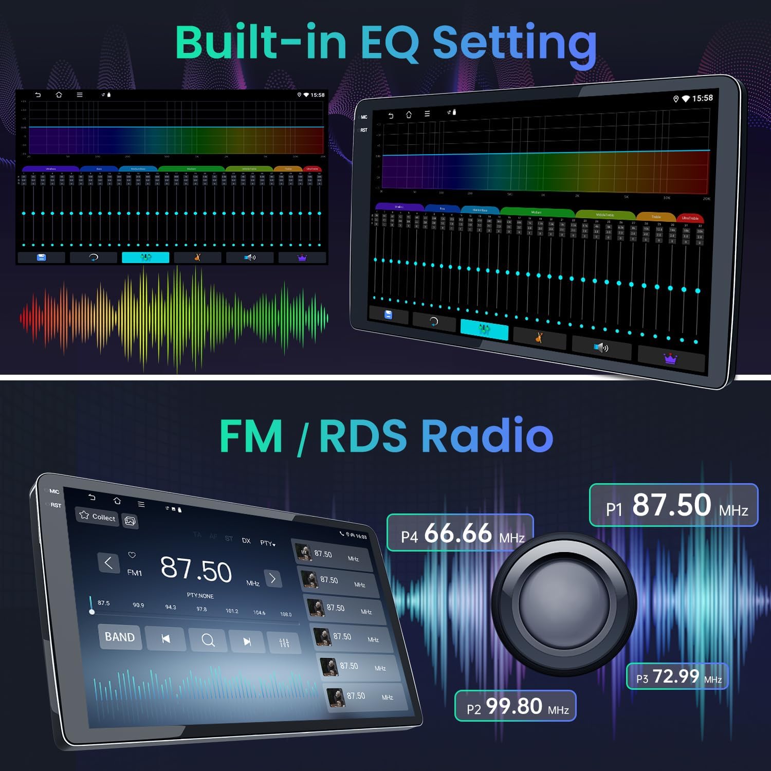 Audio equalizer settings and FM/RDS radio interface on a digital display.