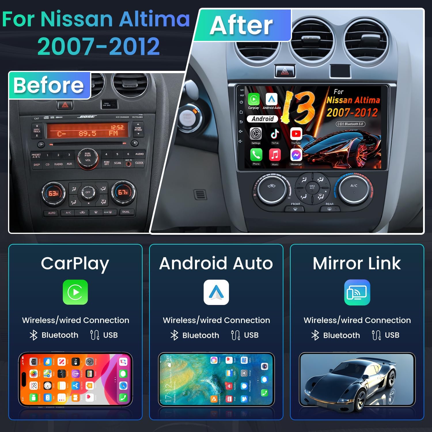 Before and after comparison of a car dashboard upgrade for Nissan Altima 2007-2012 with new infotainment system.