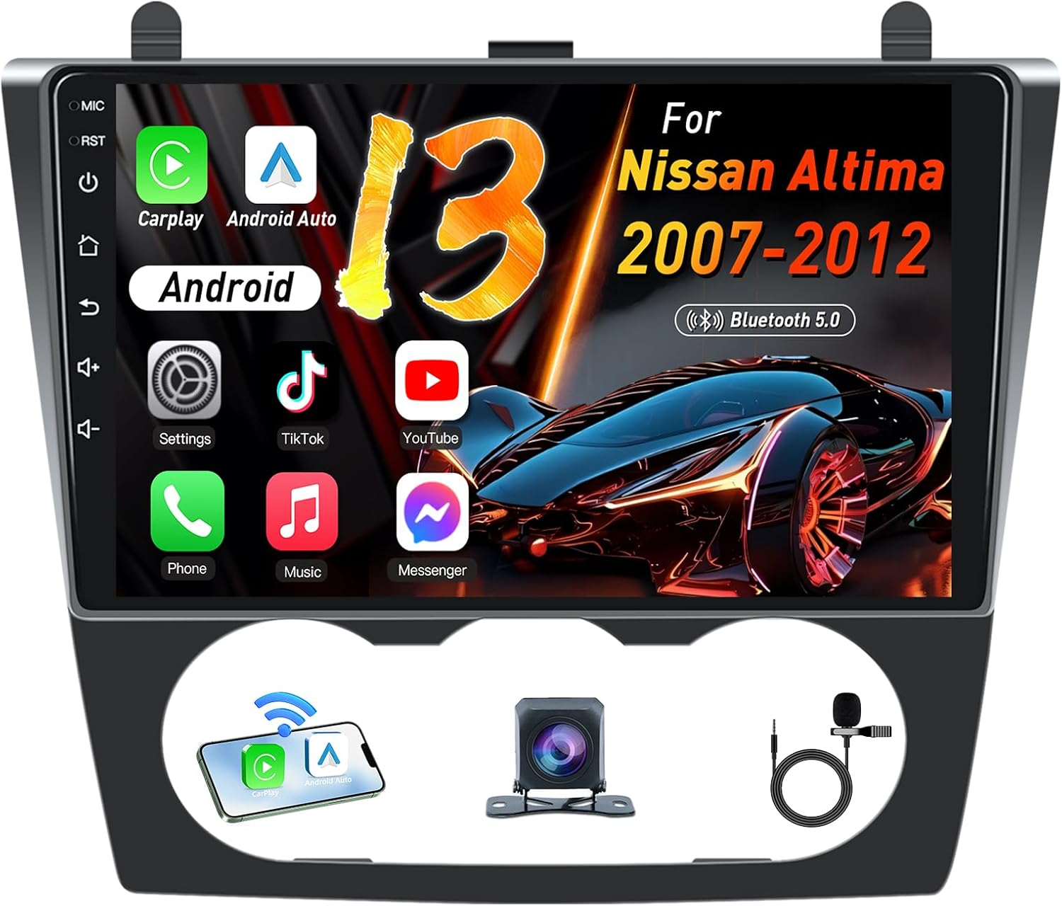 Car multimedia system for Nissan Altima 2007-2012 with Android interface and various app icons displayed.