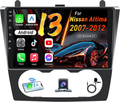 Car multimedia system for Nissan Altima 2007-2012 with Android interface and various app icons displayed.