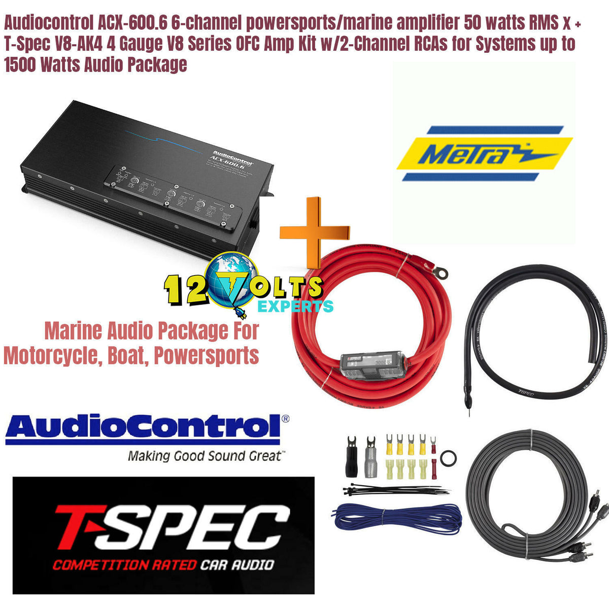 Audiocontrol ACX-600.6 6-channel powersports/marine amplifier 50 watts RMS x + T-Spec V8-AK4 4 Gauge V8 Series OFC Amp Kit w/2-Channel RCAs for Systems up to 1500 Watts Audio Package