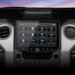 Car dashboard with a touchscreen display showing various icons.