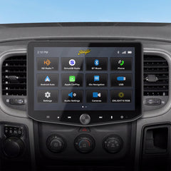 Car dashboard with a touchscreen display showing various functions.