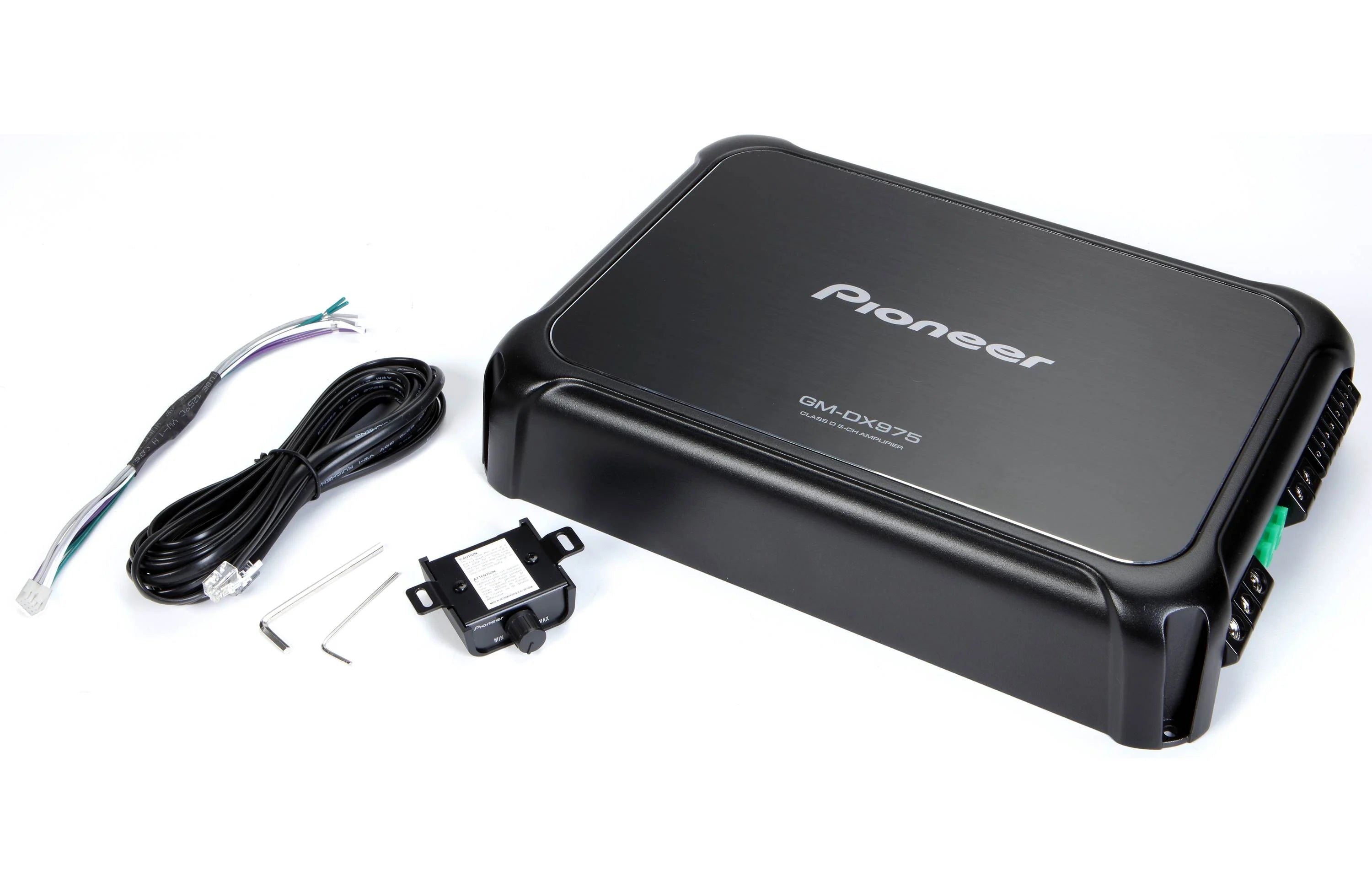 Pioneer car audio amplifier with wiring harness on a white background