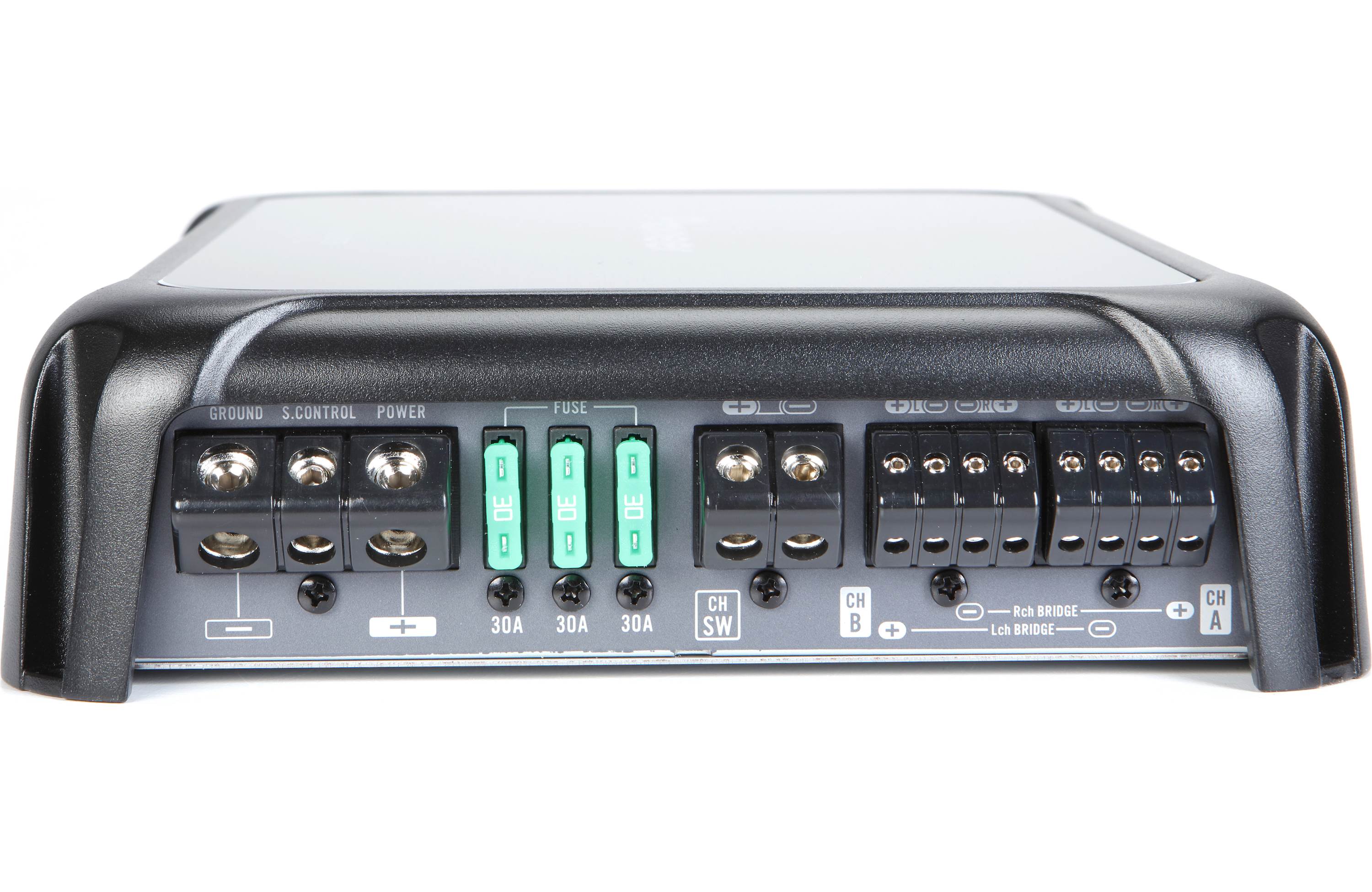 Audio amplifier with control panel on a white background