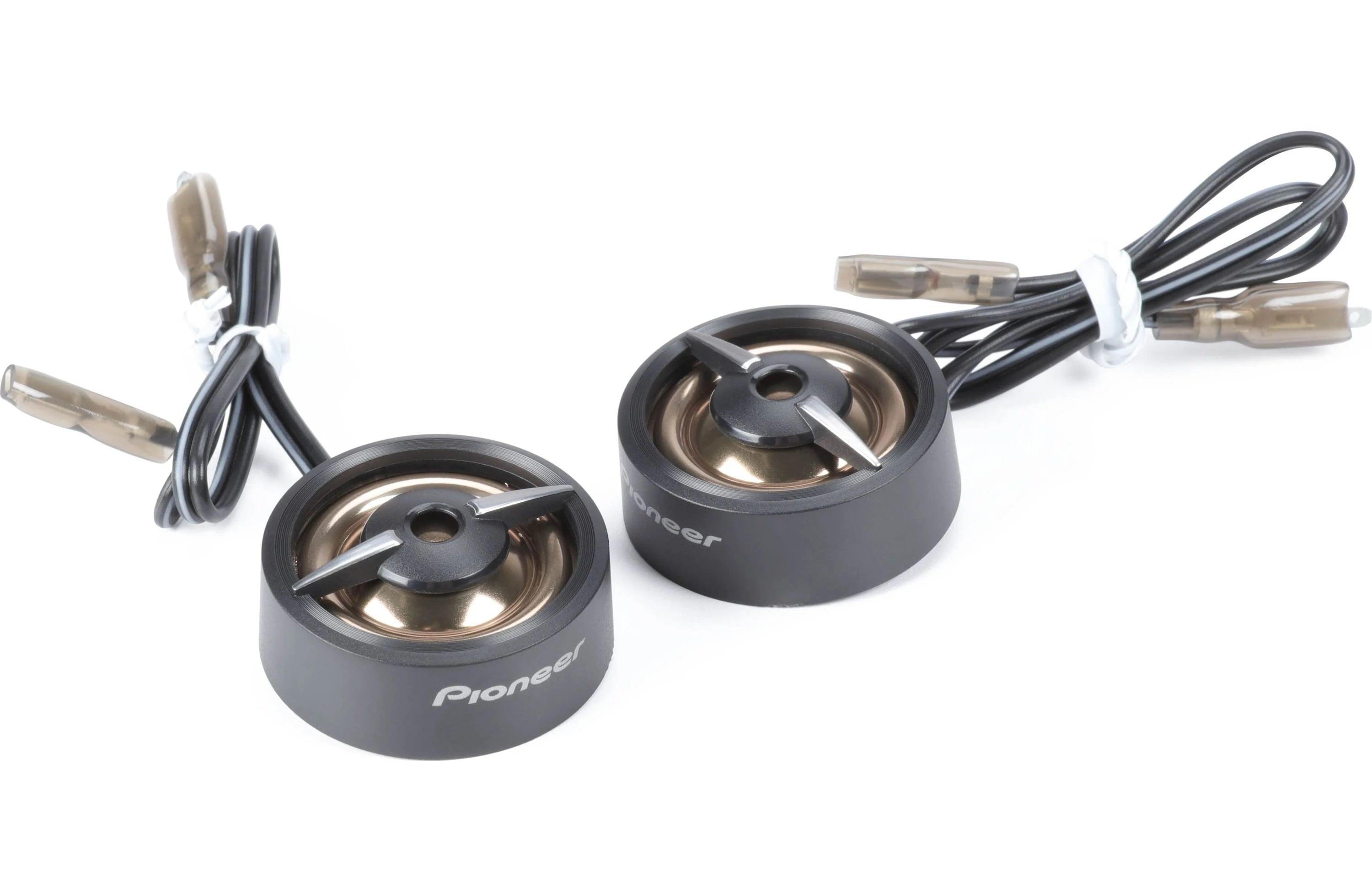 Two Pioneer car speakers with cables on a white background