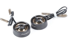 Two Pioneer car speakers with cables on a white background